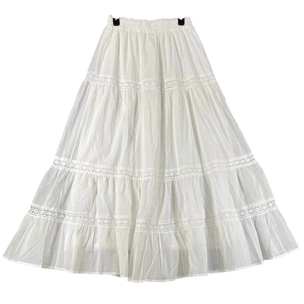 Altar'd State Tiered Maxi Skirt Women L Ivory Lace Trim Boho Summer Casual - Picture 1 of 11